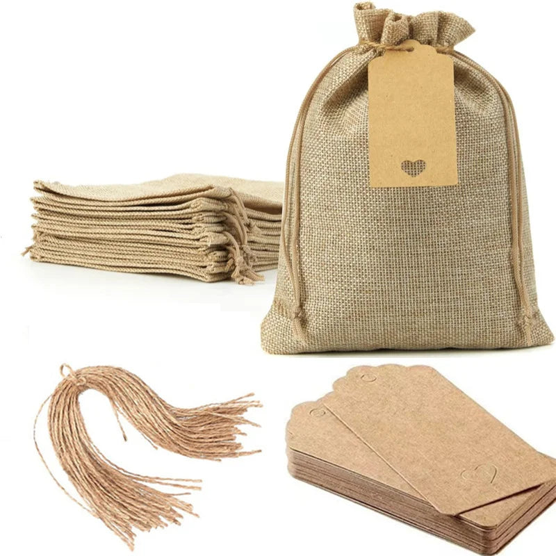 50 Pcs Wedding Small Jute Bags with Paper Tags Christmas New Year Party Gift Thank You Drawstring Pouches Jewelry Package Sacks