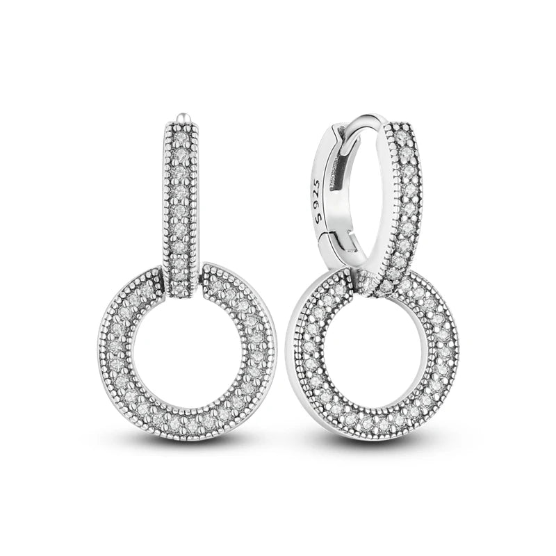 Bulbusbow 925 Silver Zircon Inlaid Dangle Earrings - Elegant Hollow Circle Chain Style