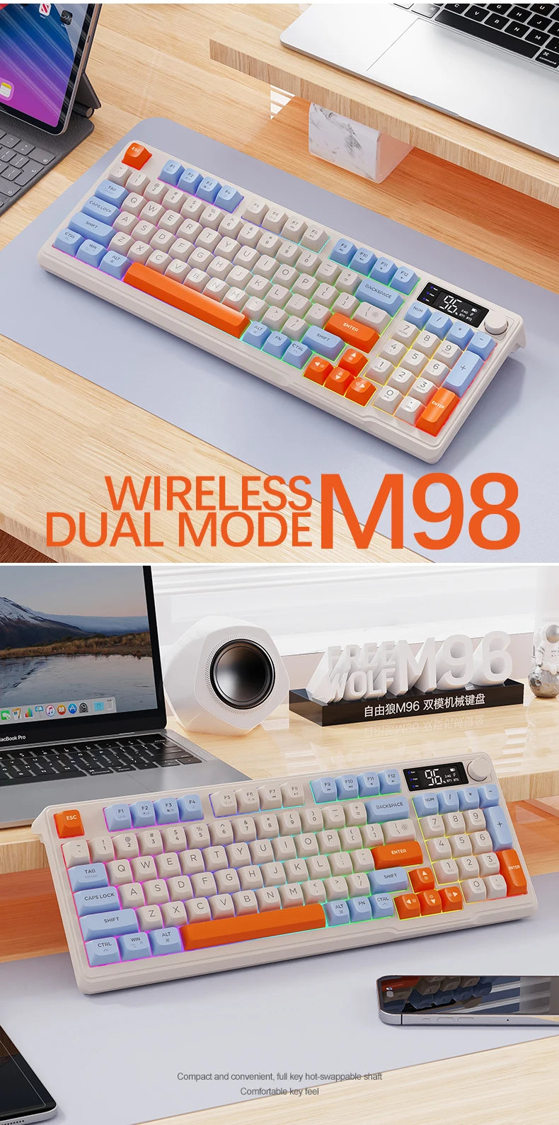 Ziyoulang M96 Wireless Keyboard with Screen,Gaming Keyboard Bluetooth Dual-Mode Connection,Multi-Device Linking,Ergonomic