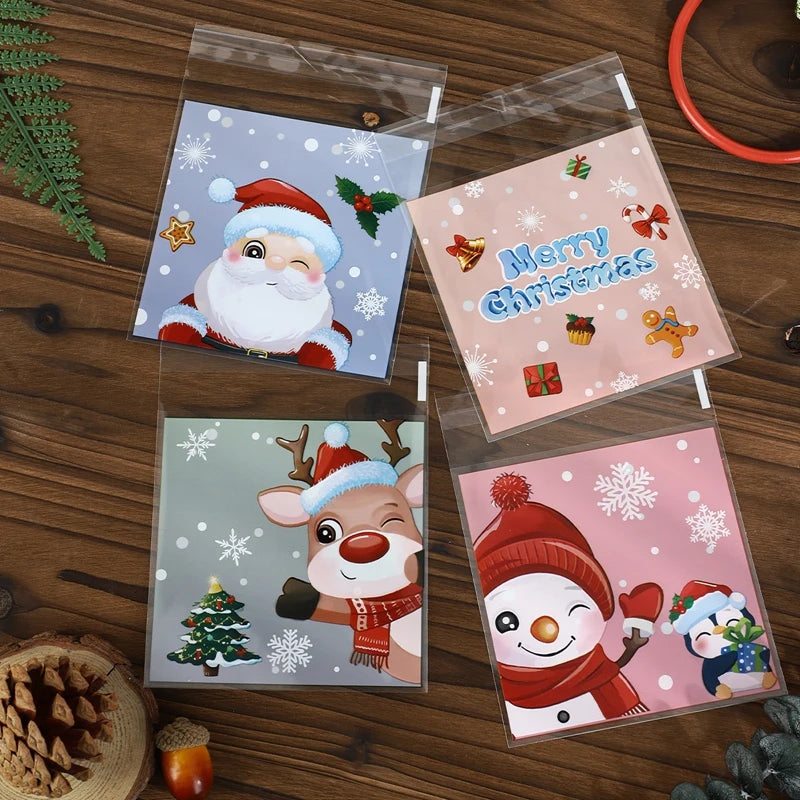 100pcs Christmas Candy Cookie Bags Self-Adhesive Gift Packaging Biscuit Snack Baking Bag Navidad Xmas Supplies New Year Party