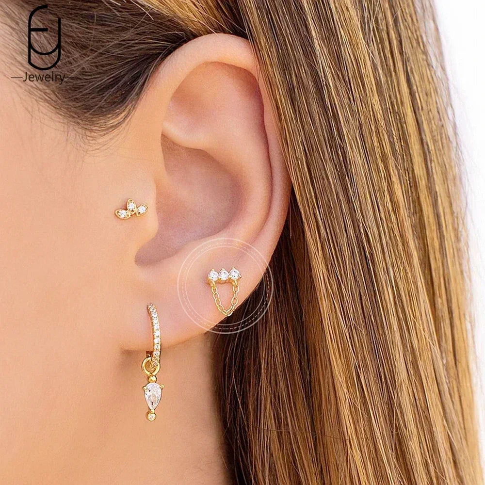 925 Sterling Silver Ear Buckles Fashion Hoop Earrings White Crystal Pendant Gold Earrings Wedding Women Jewelry Premium Gifts