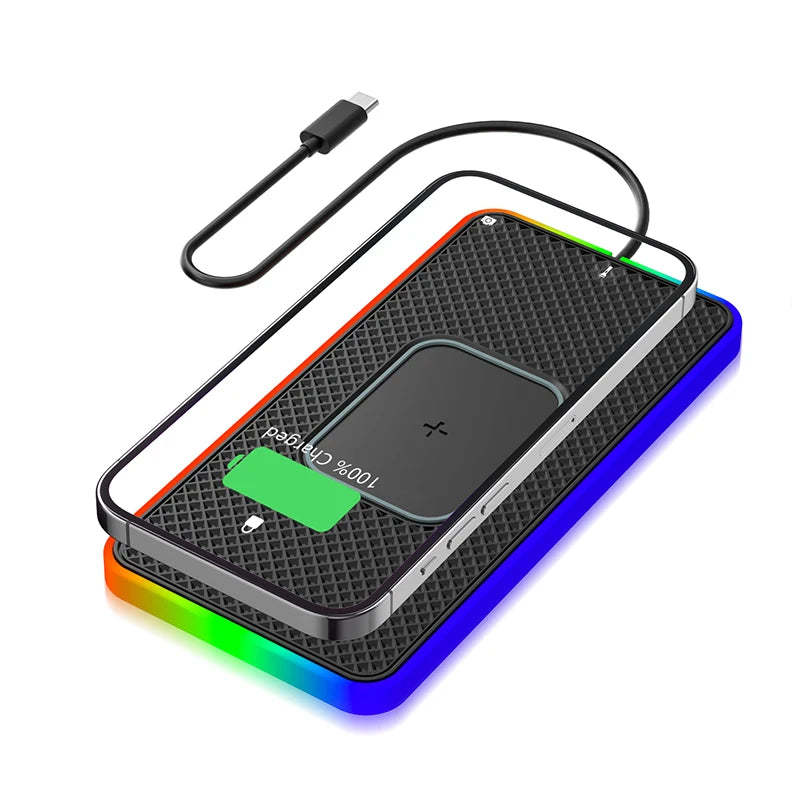 Car Wireless Charger 15W Fast Charging Pad Anti-skid Mat Holder with LED Atmosphere Light for iPhone 13 14 Samsung S22 S21