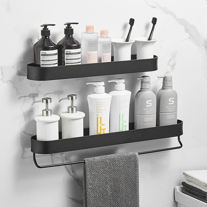 Nordic Bathroom Shelf Rack No Drill Wall Mounted Shelves Bath Towel Holder Black Shower Storage Basket Bathroom Accessories