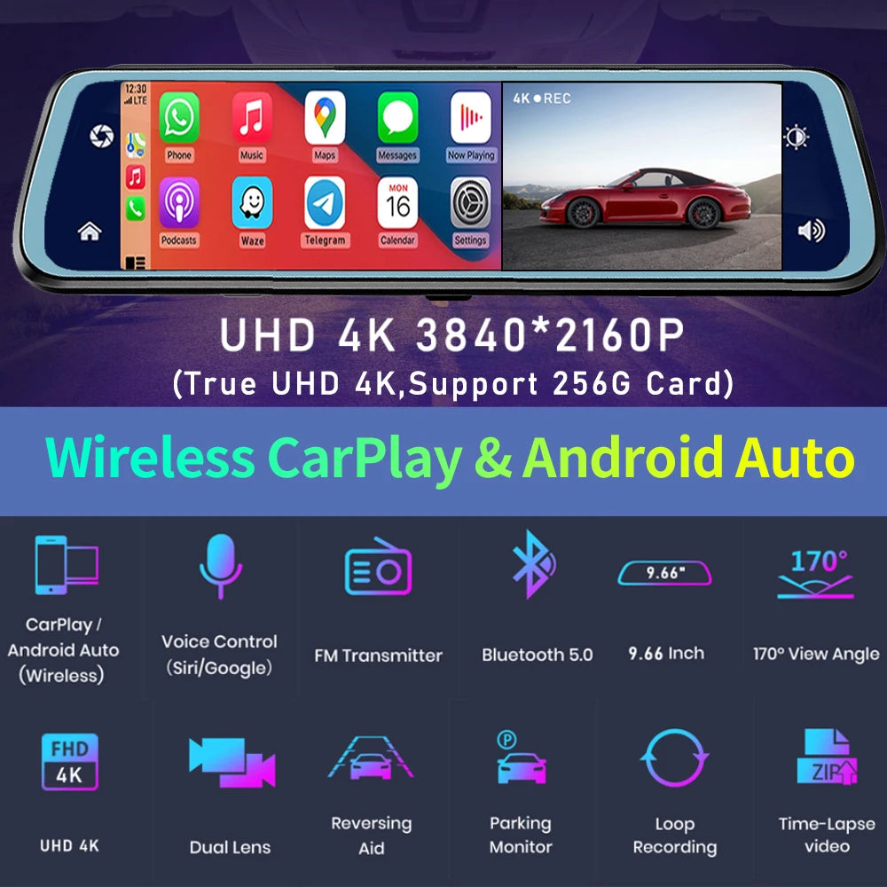 4K UHD 2160P Carplay Android Auto Dash Cam Stream RearView Mirror GPS Navi 5G WIFI Car DVR Video Camera Recorder FM Transmitter