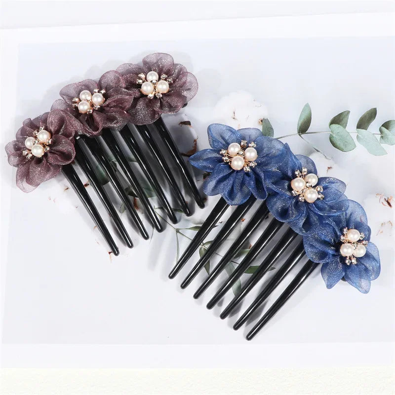 Fashion Flower Inserted Comb Hair Accessories for Women Retro Elegant Silk Seven Tooth Hairpin Mom's Headwear Tiara Hair Clips