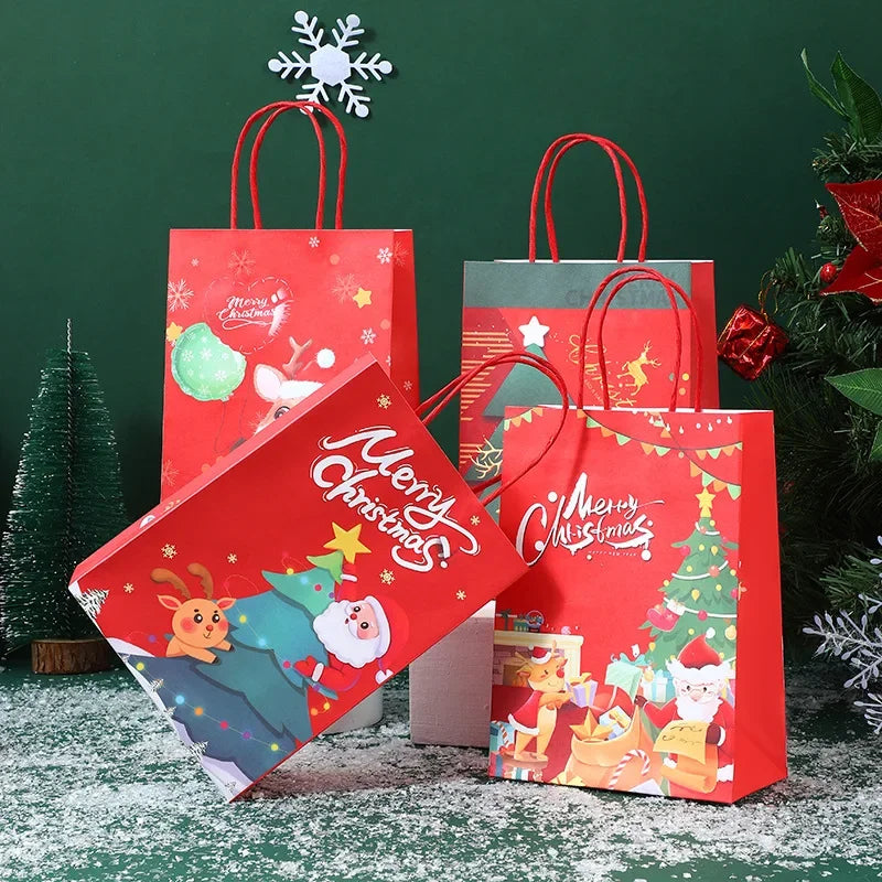 Bulbusbow Christmas Kraft Paper Bags 2024 New Year Cute Santa Claus Gift Box Holiday Party Children Candy Cookie Packaging Bag with Handle