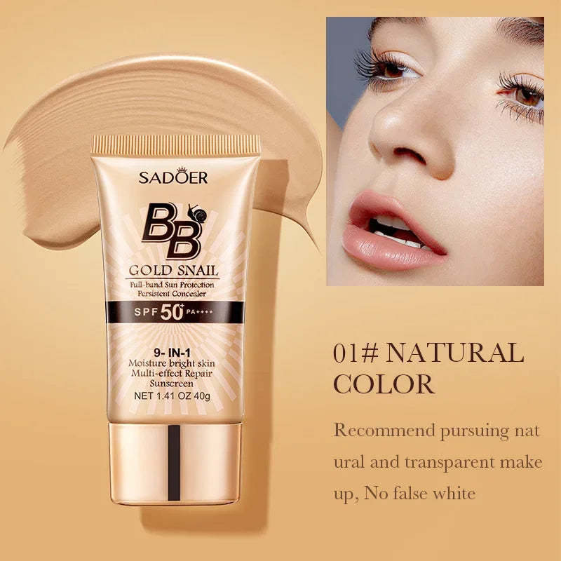 SPF50+ Gold Snail Sunscreen BB Cream Whitening Foundation Concealer Moisturizing Long Lasting Even Skin Tone Makeup Base Primer