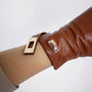 DooWay Women Real Leather GLOVES TECH Wrist Short Brown Lambskin Sheepskin Golden Button Lock Closure Driving Warm Winter Glove