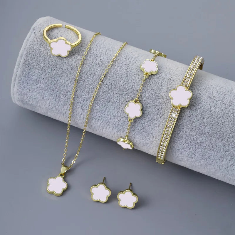 Bulbusbow 5pcs Luxury Plum Blossom Jewelry Set featuring earrings, rings, bracelet, necklace, and bangles