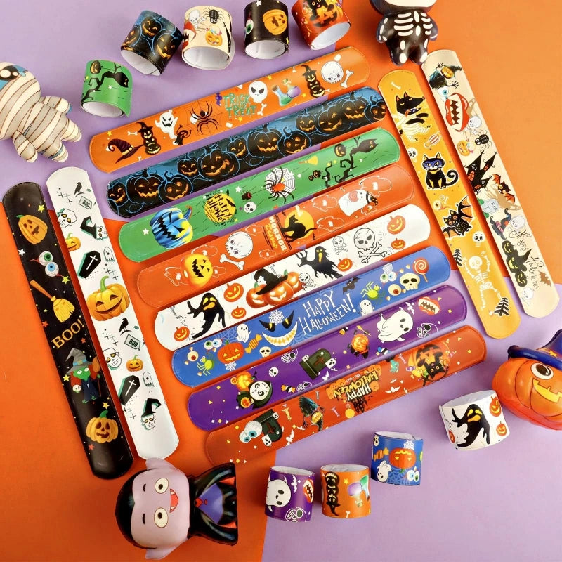 48pcs Halloween Clap Circle Pumpkin Witch Bat Slap Bracelets Ghost Festival Decor Happy Helloween Party Supplies Trick Or Treat