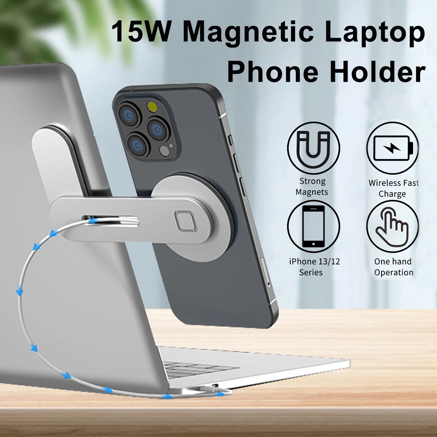 15W Magnetic Laptop Phone Holder For iPhone 14 13 12 Pro Max Wireless Charging Foldable Stand Screen Support For iMac Notebook