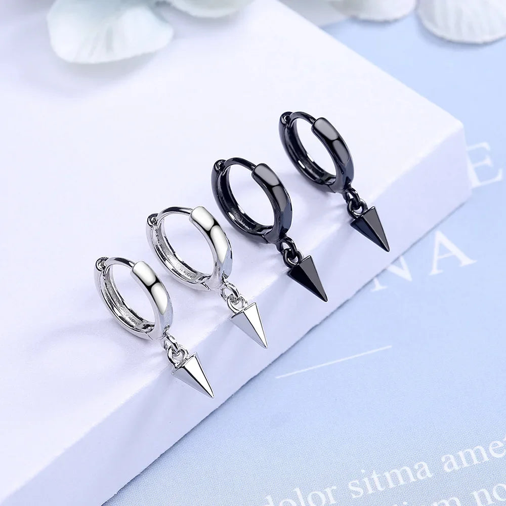 New 925 Silver Needle Women Men Earrings Black Ear Clip Cone Pendant Punk Hipster Rock Round Circle Unisex Stud Earring Gift