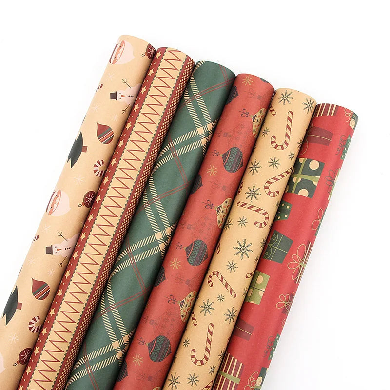 Christmas Kraft Wrapping Paper Checkered Xmas Tree Santa Claus Pattern Gift Packaging Party Christmas Diy Decoration Paperboard