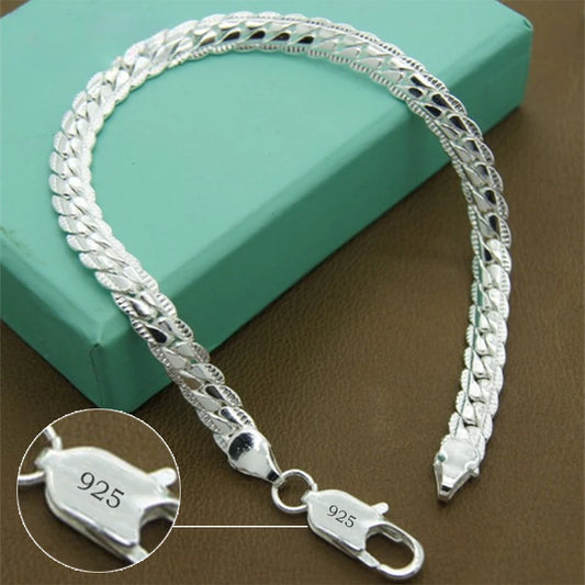 925 Sterling Silver Bracelet 5mm 20cm Flat Side Chain Lobster Clasp Bracelet For Woman Man Party Wedding Engagement Jewelry Gift