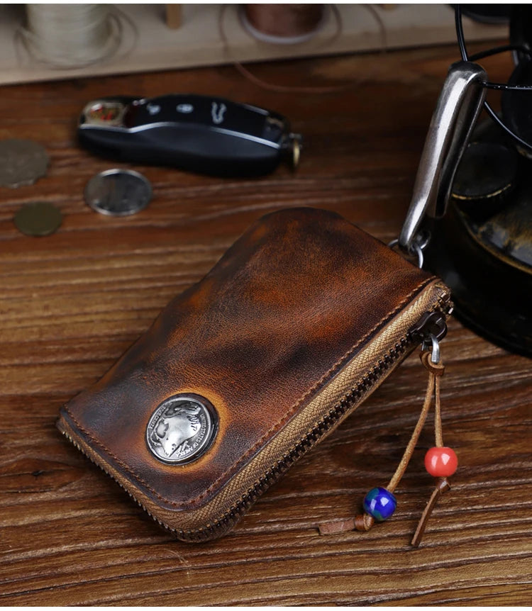 Vintage Cow Leather Coin Purse for Men Handmade Genuine Leather Change Pouch Key Holder Card Slot Storage Bag with Zipper