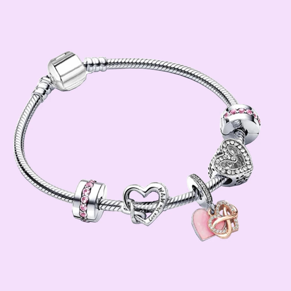 925 Sterling Silver Pandora Style Sparkling Freehand Heart Dangle Charm Bracelet Set With Cloth Bag for Women Gifts