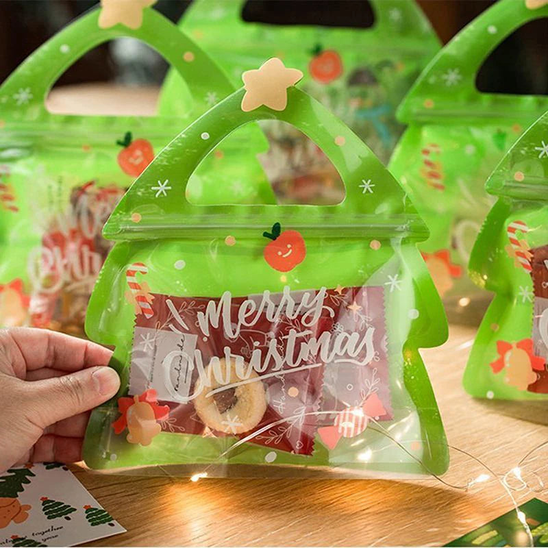 10Pcs Christmas Tree Handle Gift Bag For Candy Chocolate Cookie Nougat Biscuit Packing Gift Zipper Packaging Bags