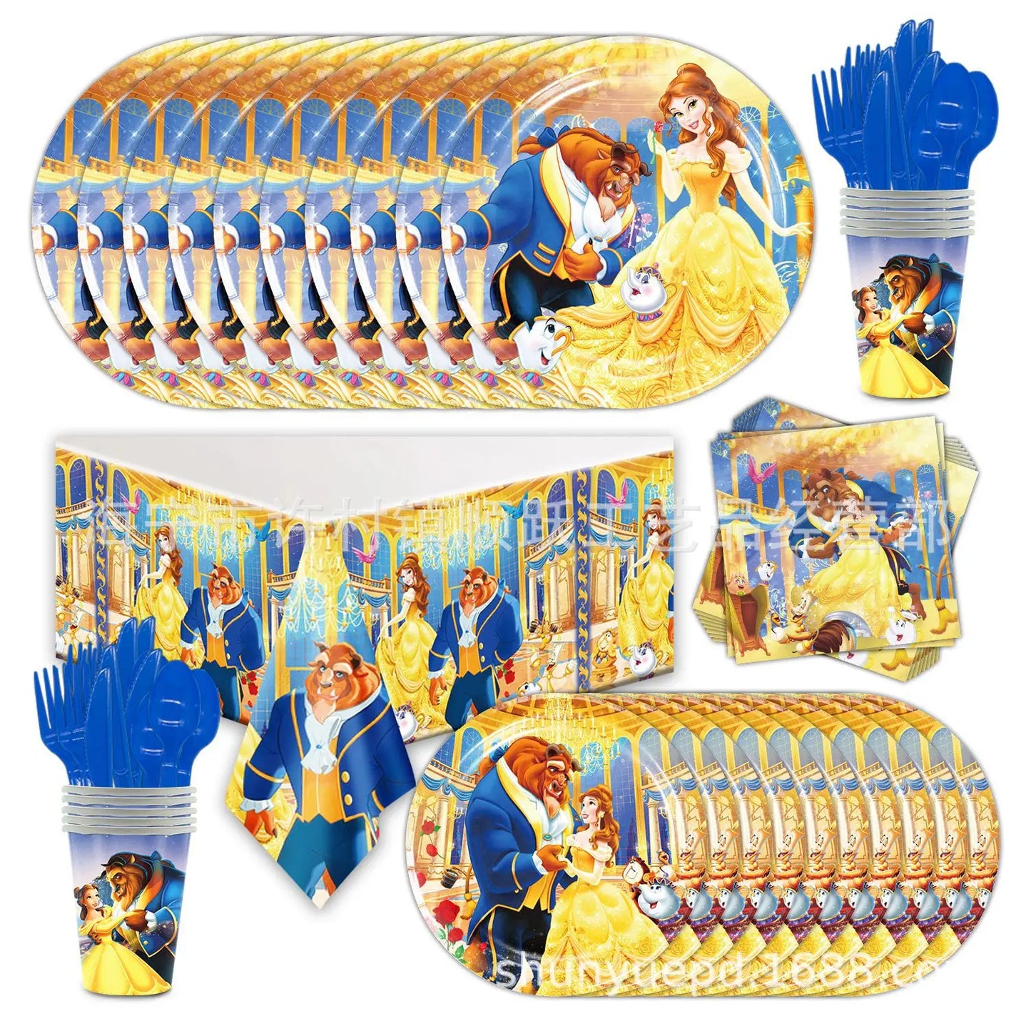 Disney Beauty And The Beast Birthday Party Decoration Tableware Supply Kit Belle Princess Paper Cup Plate Tablecloth Balloon Dec