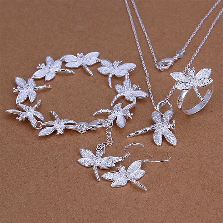 Fashion Luxury 925 Sterling Silver Crystal dragonfly pendant necklace earring bracelet rings for women Popular Jewelry set gifts