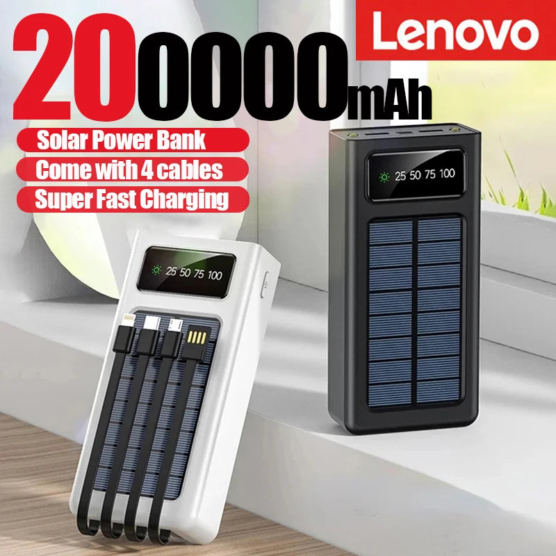 Lenovo 200000mah Solar Power Bank Built 4 Cables Portable Fast Charging Usb Ports Charger Powerbank For Iphone Xiaomi Samsung