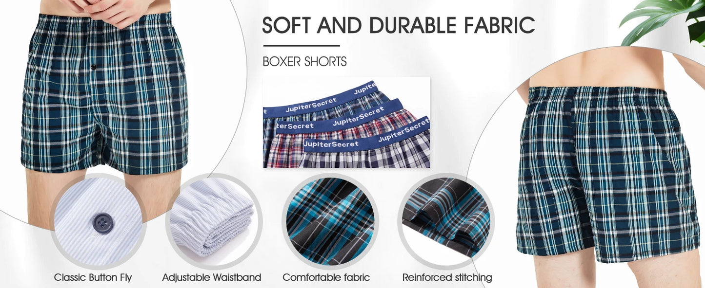 JupiterSecret 6 Pcs Boxer Shorts Casual Plaid Elastic Waistband Button Mens Boxer Underwear Woven Shorts For Home Random Color