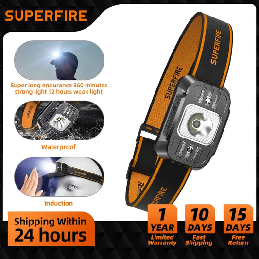 SUPERFIRE Mini LED Rechargeable Headlamp High Power Mini Head Lamp Light USB C Sensor Headlight Front Light For Working Fishing