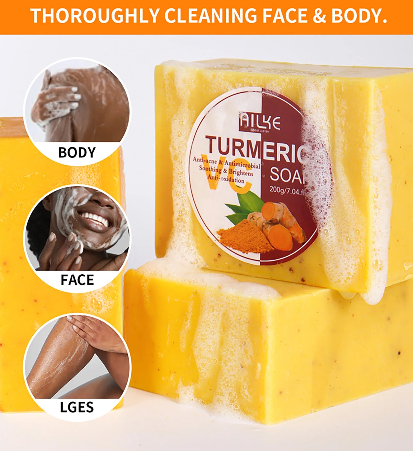 AILKE Turmeric Soap, Whiten, Remove Acne, Oil Control, Brightening, Clean Skin, Deeply Exfoliates, Even Skin Tone