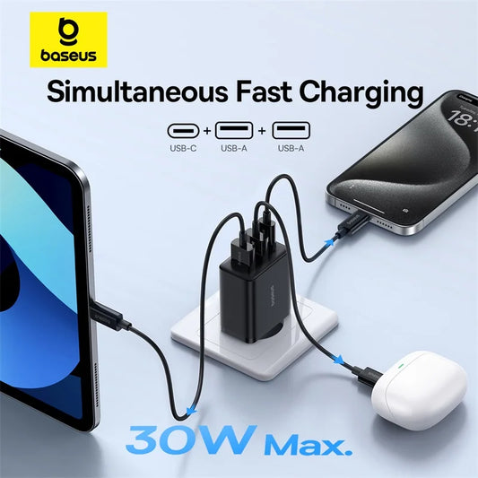 Baseus 30W USB Charger QC3.0 PD3.0 Type C PD Fast Charging 3 Ports Quick Phone Charger For iPhone 15 14 13Pro Max Xiaomi Samsung