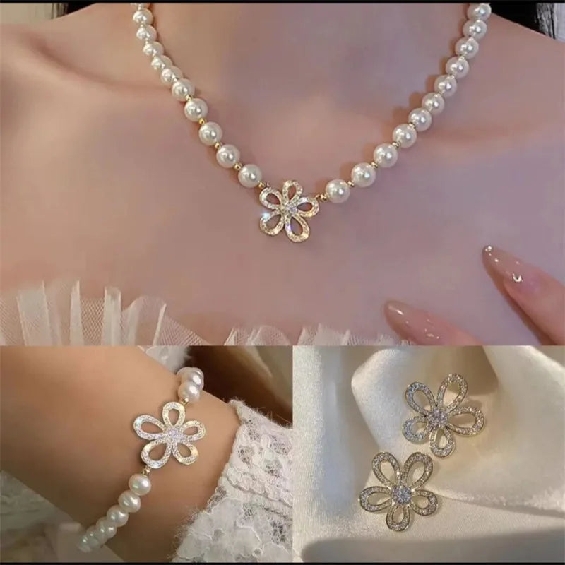 Elegant Fashion Flower Pearl Jewelry Set for Women Necklace Bracelet Earring Set Collarbone Chain Luxury Wedding Jewelry Gift