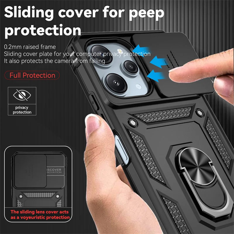 For Xiaomi Redmi 12 4G Case Ring Holder Shockproof Armor Phone Cases For Redmy Redmi 12 Redmi12 4g 2023 Slide Lens Protect Cover