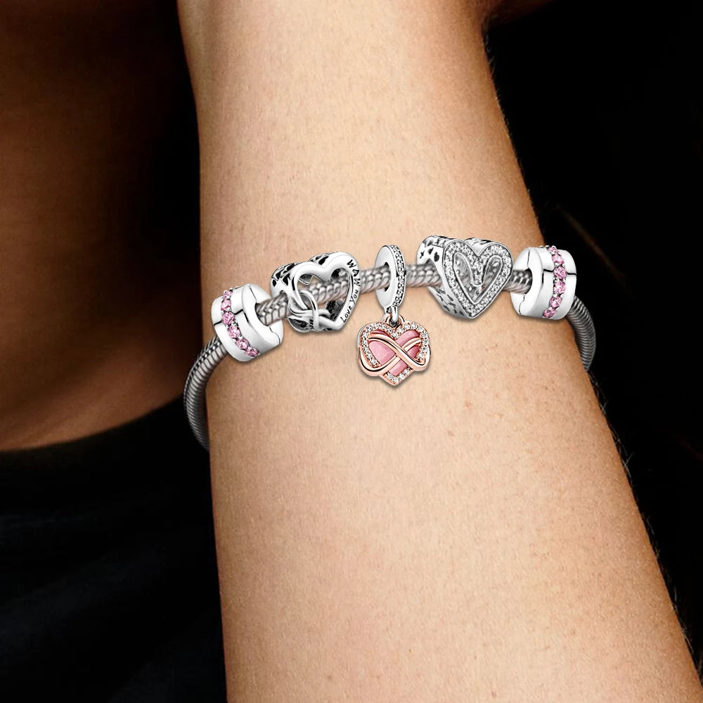 925 Sterling Silver Pandora Style Sparkling Freehand Heart Dangle Charm Bracelet Set With Cloth Bag for Women Gifts