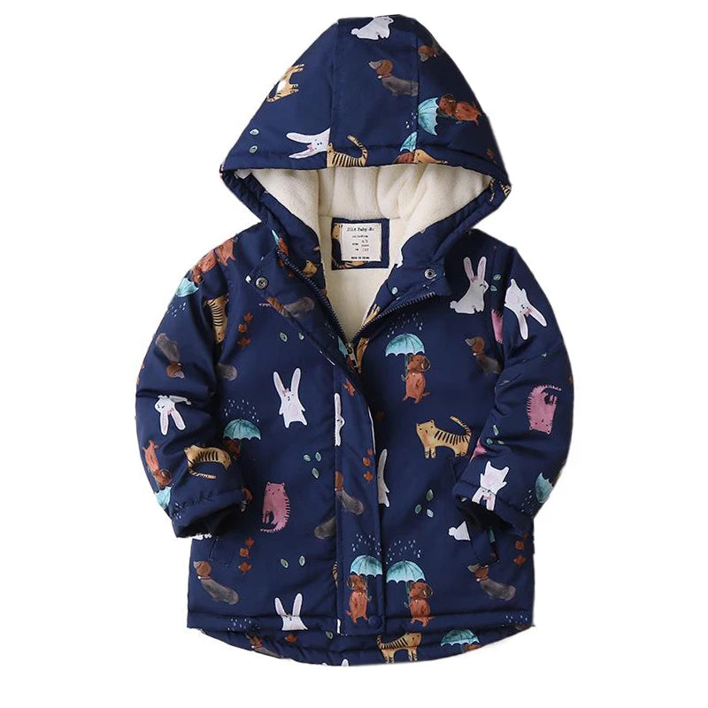 Autumn Winter Girl Jacket Coat Cartoon Printed Waterproof Plus Velvet Warm Girl Outerwear 4-14 Year Kids Teenage Girl Parka