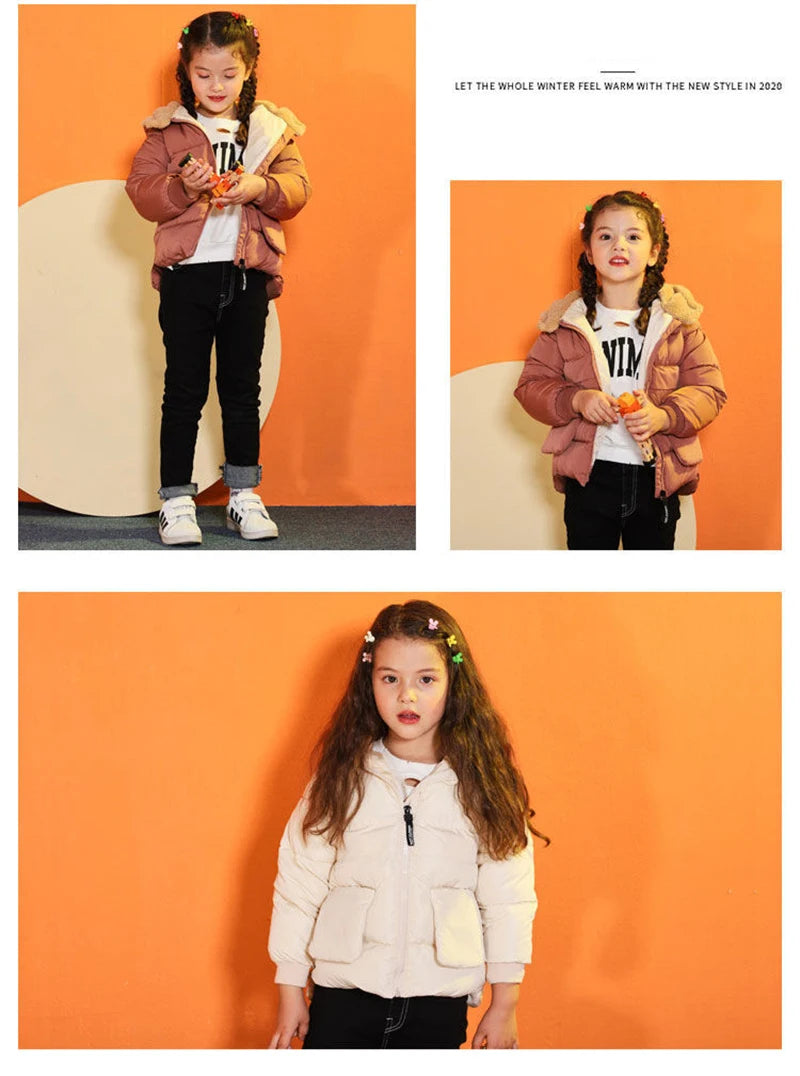 Girls Boys Autumn Down Coats Kids Winter Warm Hooded Jackets New Children Thicken Fashion Outerwear Casual Lamb Fleece Clothing