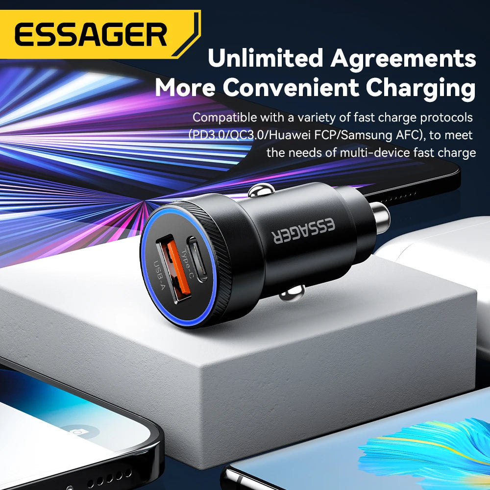 شاحن سيارة Essager 54 وات 5 أمبير شحن سريع من النوع C شحن سريع 3.0 QC PD 3.0 SCP USB شاحن سيارة لهاتف Xiaomi وSamsung وIphone