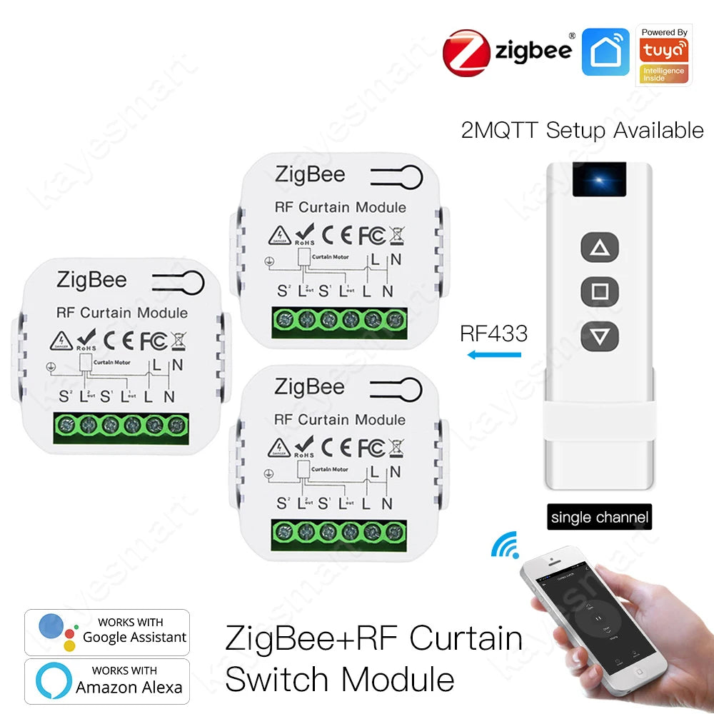 وحدة تبديل الستائر الذكية Tuya ZigBee مع RF433 لمحرك مصراع الستارة الدوارة والتحكم في تطبيق Smart Life Alexa Google Home 2MQTT