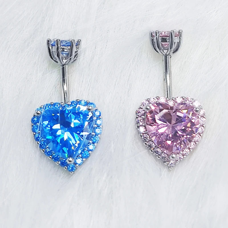 925 Sterling Silver Heart Belly Button Rings for Women Blue Pink CZ  Navel Barbell Studs Screw Navel Bars Body Piercing Jewelry