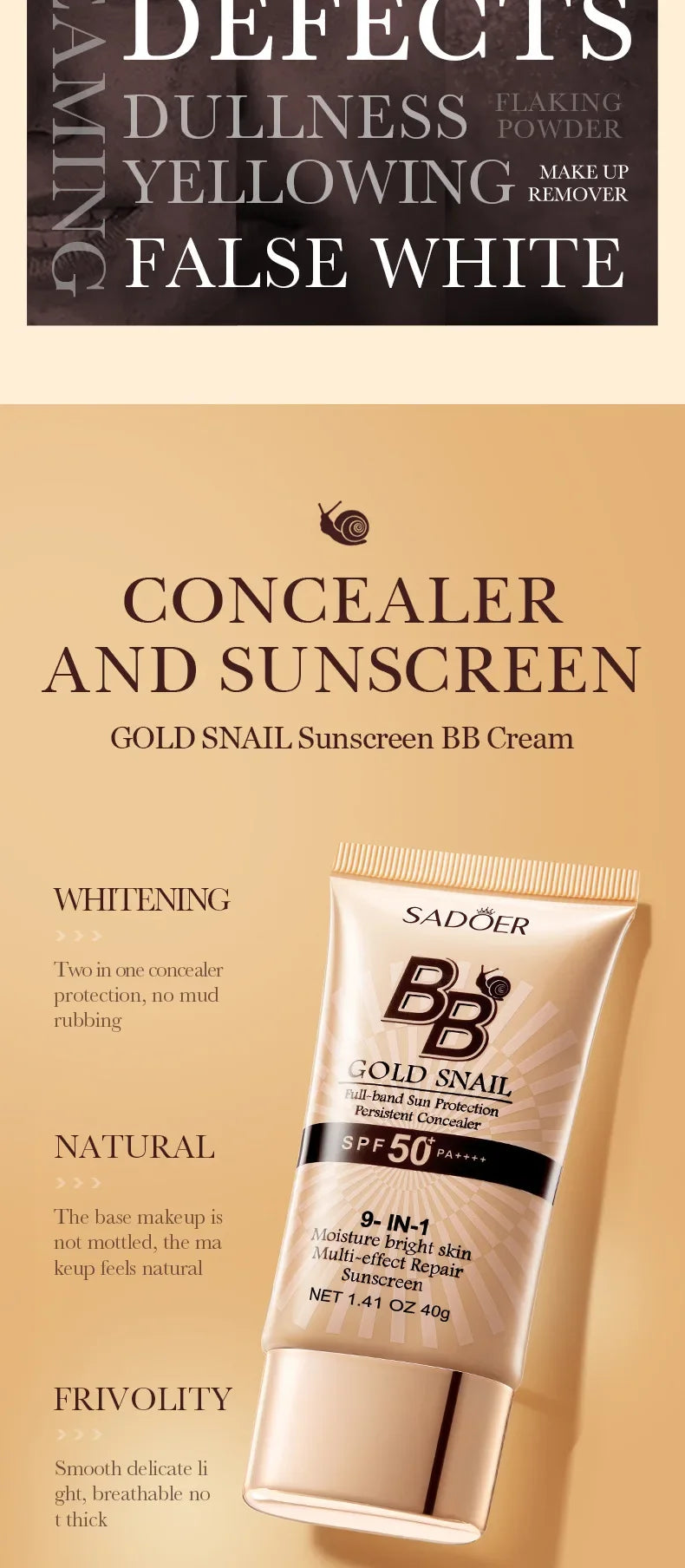 SPF50+ Gold Snail Sunscreen BB Cream Whitening Foundation Concealer Moisturizing Long Lasting Even Skin Tone Makeup Base Primer