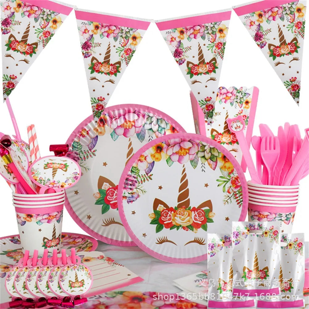 Unicorn Birthday Party Decoration Girls Kawaii Unicorn Theme Tableware Set Cup Plate Balloon Party Supplies Baby Shower Favors