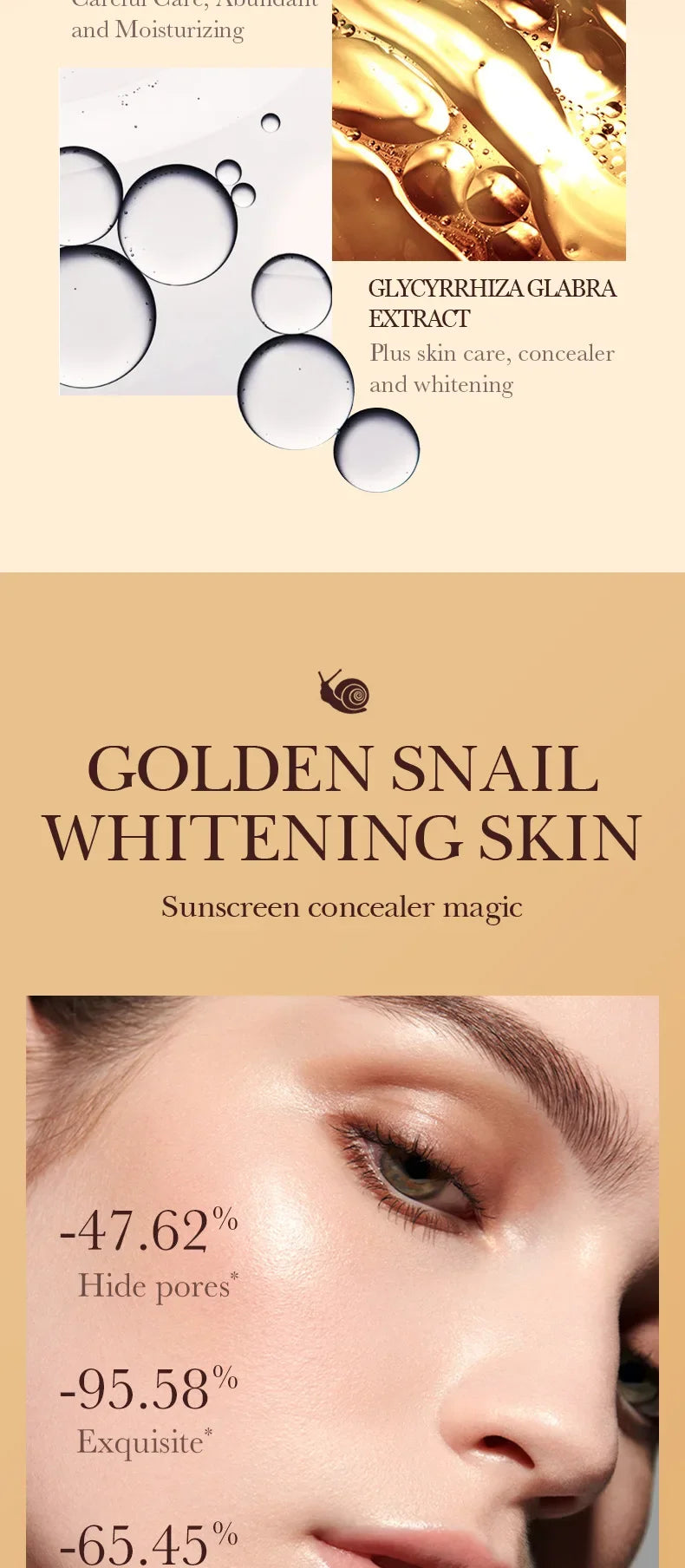 SPF50+ Gold Snail Sunscreen BB Cream Whitening Foundation Concealer Moisturizing Long Lasting Even Skin Tone Makeup Base Primer