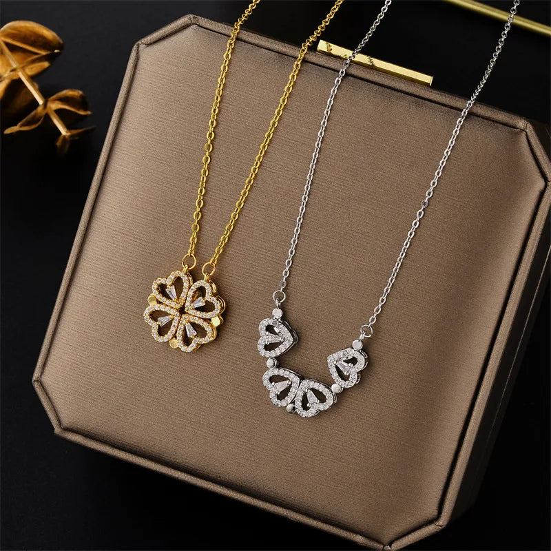 New Fashion Double Wear Magnet Four Heart Flower Pendant Necklace For Women Sweet Sexy Female Stainless Steel Neck Chain Jewelry