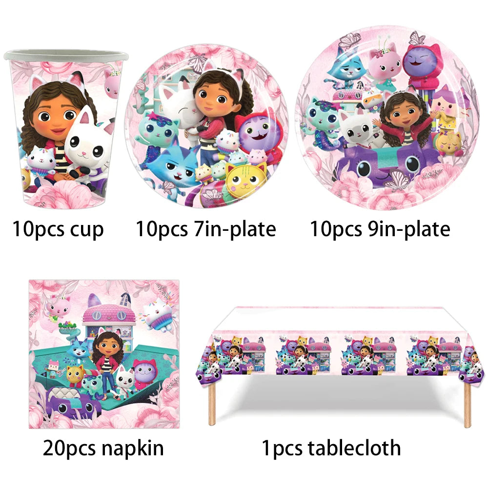 Gabby Dollhouse Cat Birthday Party Decorations Balloons Cups Plates Napkins Cake Decor Banner Girls Baby Shower Supplies Gifts