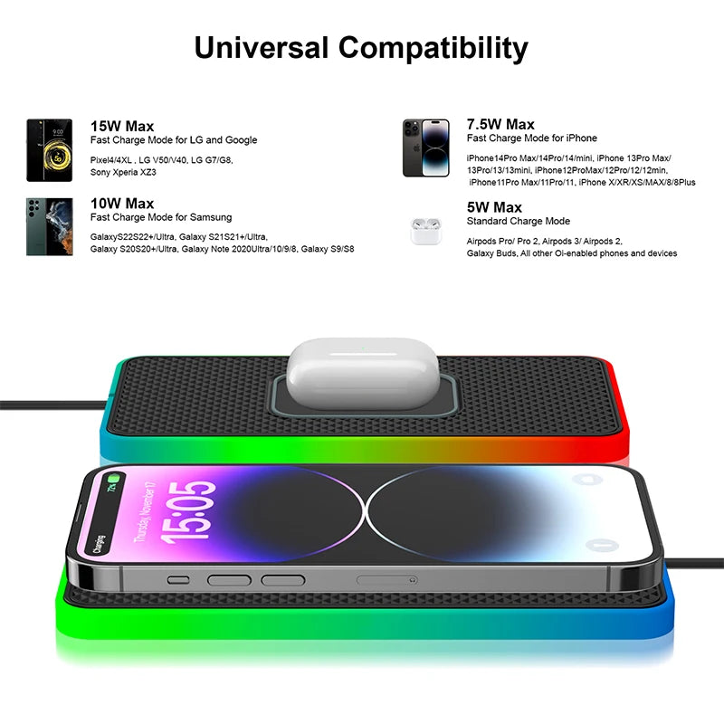 Car Wireless Charger 15W Fast Charging Pad Anti-skid Mat Holder with LED Atmosphere Light for iPhone 13 14 Samsung S22 S21