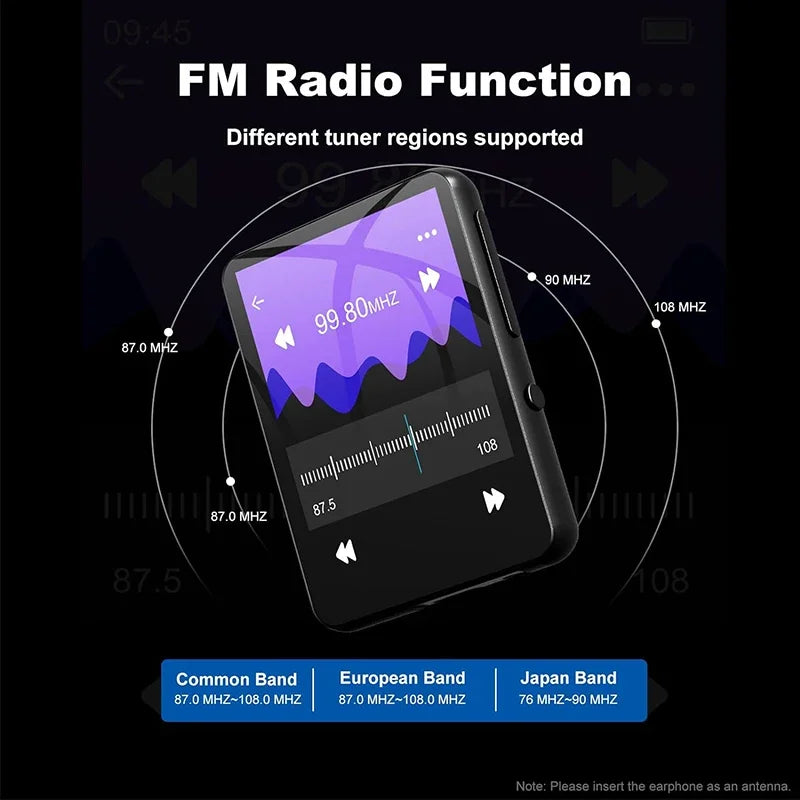 مشغل MP3 بشاشة تعمل باللمس مقاس 2.4 بوصة وسعة 32 جيجابايت مع تقنية BT 5.0 ومشغل MP3 مع مكبر صوت مدمج عالي الدقة وراديو FM وتسجيل صوتي