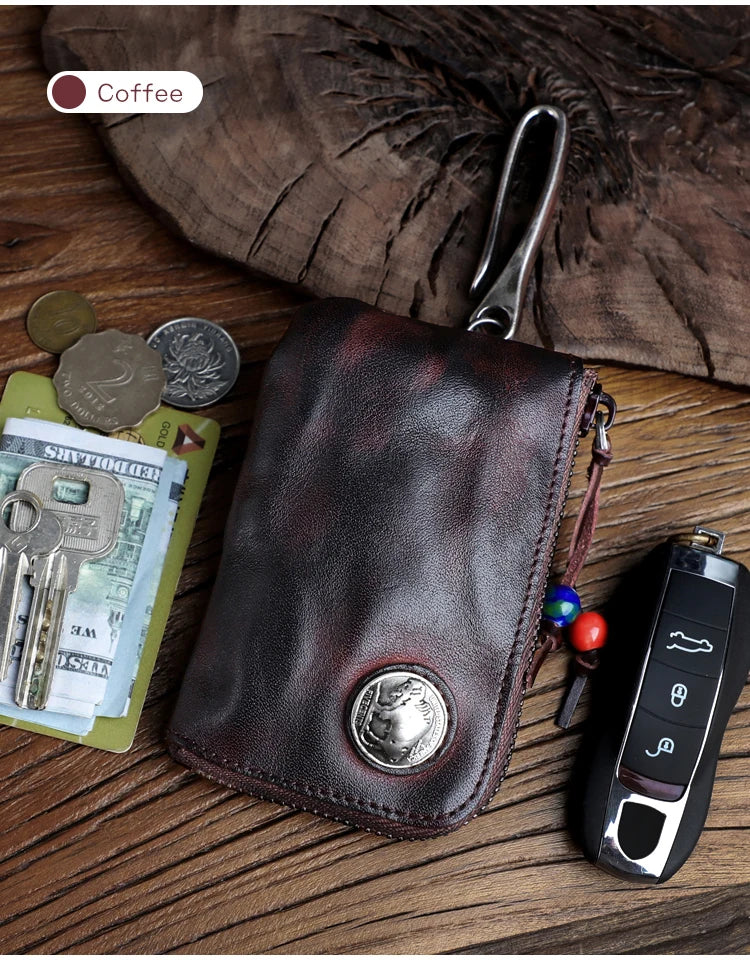 Vintage Cow Leather Coin Purse for Men Handmade Genuine Leather Change Pouch Key Holder Card Slot Storage Bag with Zipper