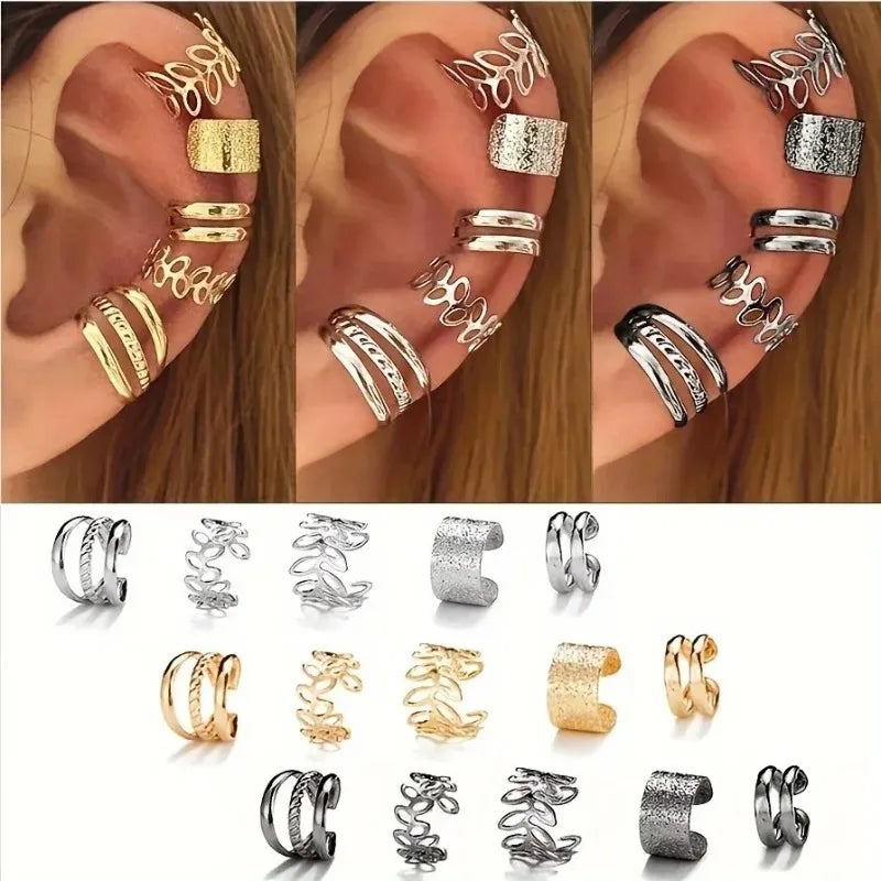 Bulbusbow Hollow Leaf Design Clip On Earrings Set for Women in Geometric Punk Style with Zinc Alloy Finish