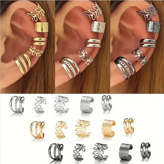 Bulbusbow Hollow Leaf Design Clip On Earrings Set for Women | 5/15 Pcs Geometric Punk Style Ear Decor | Trendy Zinc Alloy Fashion Jewelry