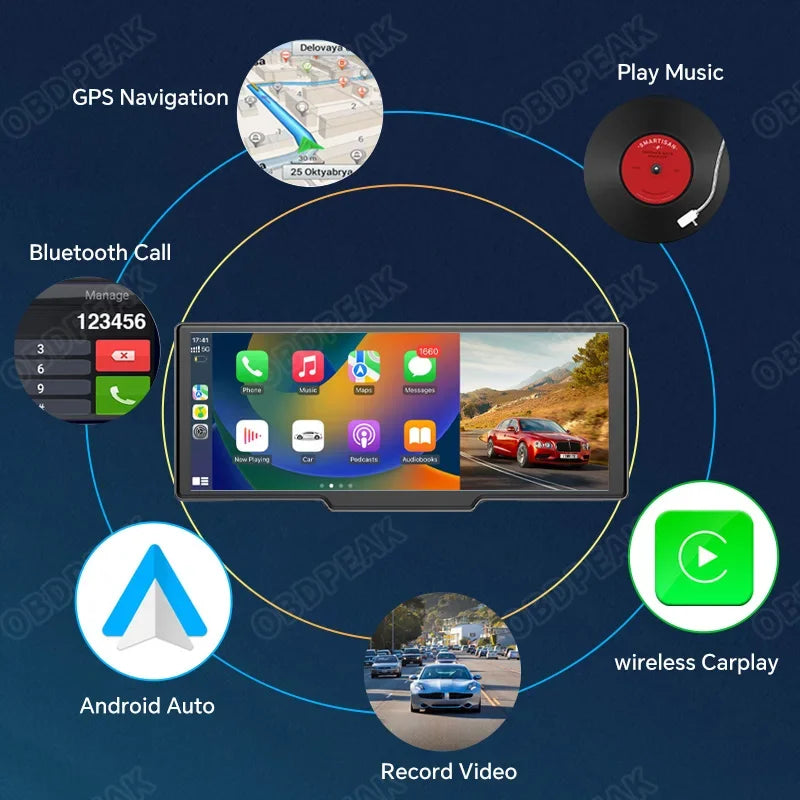 كاميرا الرؤية الخلفية OBDPEAK T20 مقاس 10.26 بوصة، مشغل Carplay وAndroid Auto الذكي، نظام ملاحة GPS، مسجل فيديو رقمي للسيارة، شاشة مرآة FM