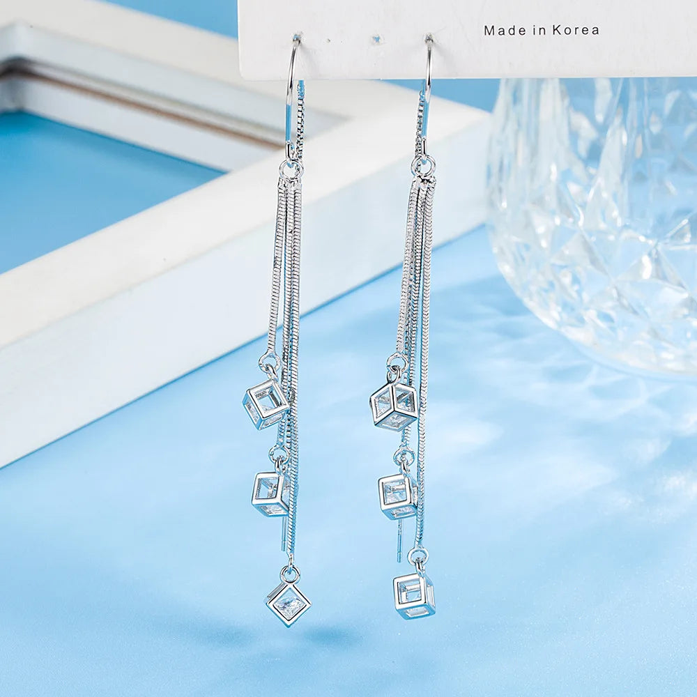 Fanqieliu Real 925 Sterling Silver Square Crystal Long Drop Earrings For Women Trendy Jewelry New FQL22275