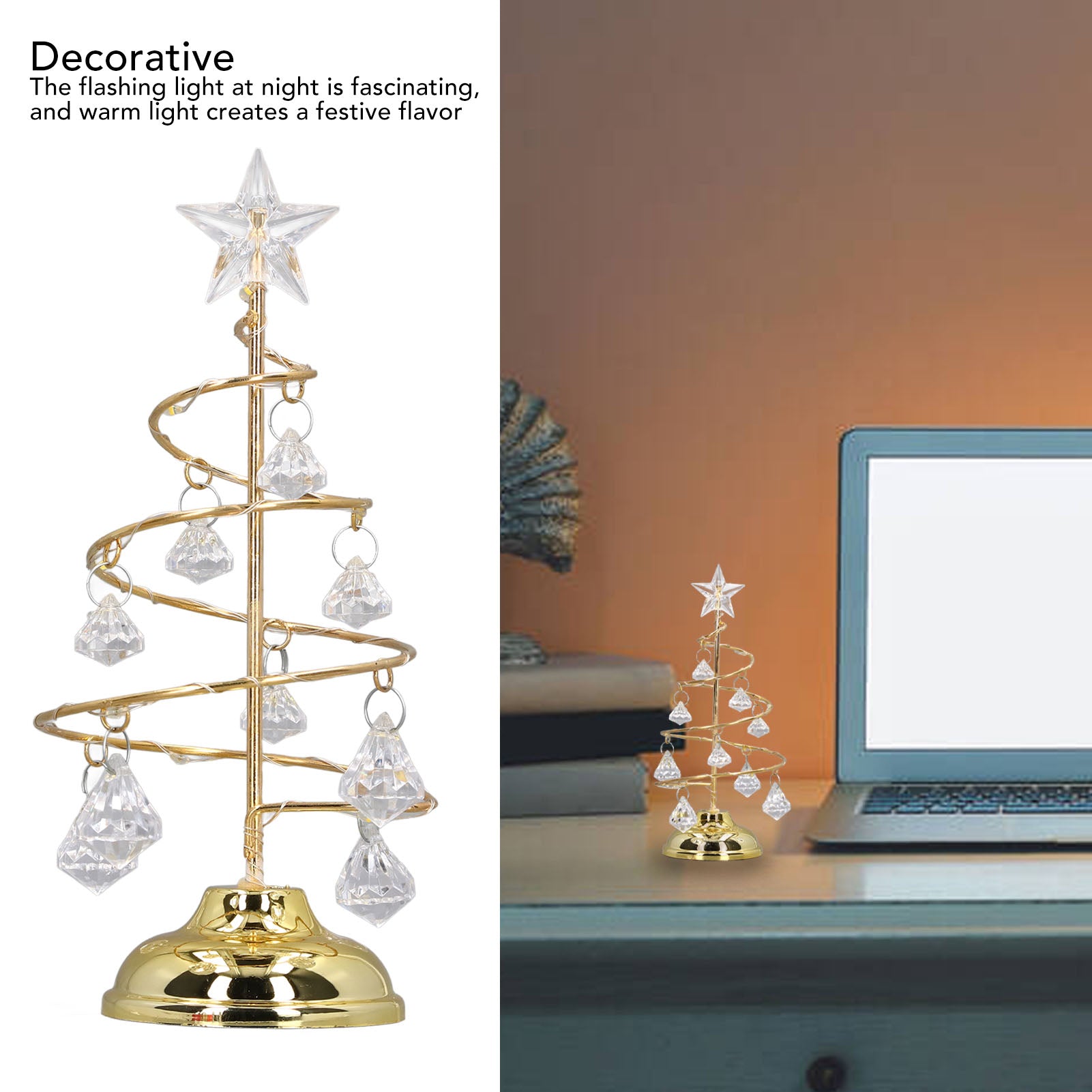 LED Christmas Tree Lamp Small Crystal Decorative Iron Tree Night Light Ornament For Gift Golden Warm Light