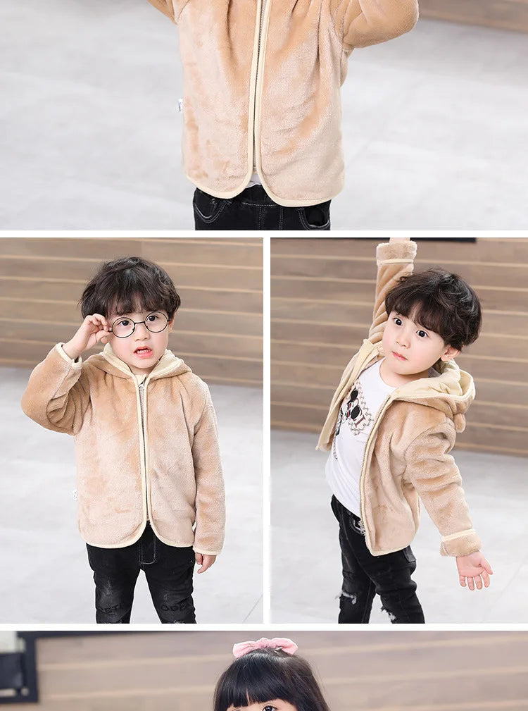 Bulbusbow Autumn Winter Childrens Coral Fleece Coat Thick Warm Hooded Long Sleeve Baby Boys Outerwears Plus Velvet Kids Boys Jacket